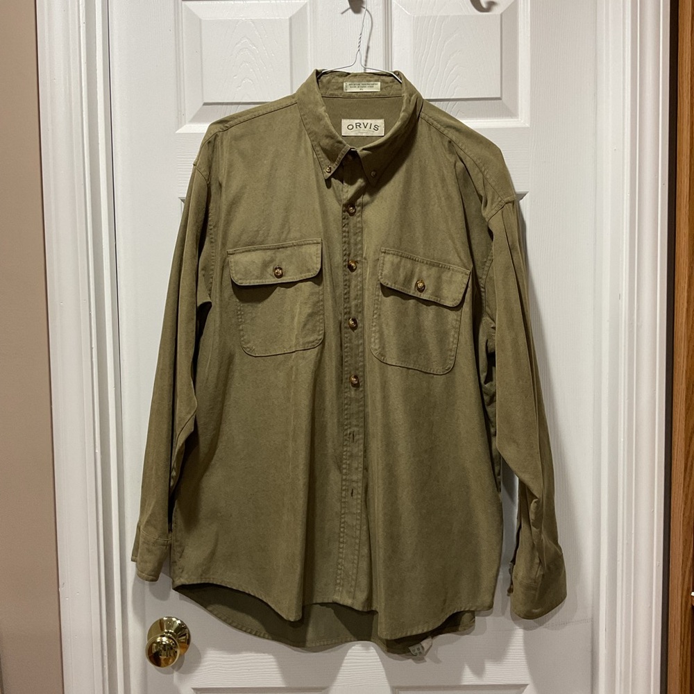 Orvis Khaki Green Button-Down Shirt and Collar with button pockets XL - Picture 2 of 7